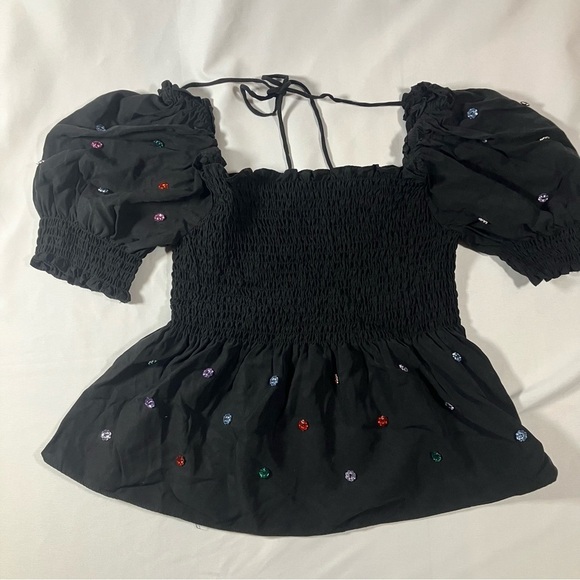 Hill House Jammie Jewel Crystal Stone Embellished Smocked Puff Sleeve Black Top - Picture 2 of 9